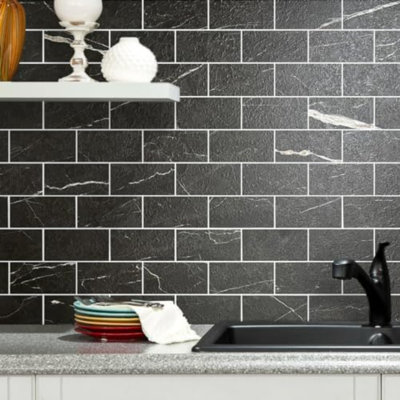 Faux Stone Backsplash Peel And Stick PVC Tile, 3 Inch X 6 Inch Black Marble With White Grout Stick On Tiles For Backsplash, Pack Of 4