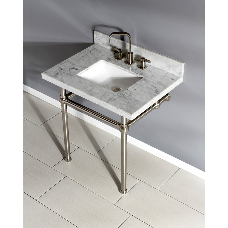 Kingston Brass Templeton 30-Inch Carrara Marble Vanity Top with Brass Legs (8-Inch, 3-Hole), Carrara Marble/Brushed Nickel
