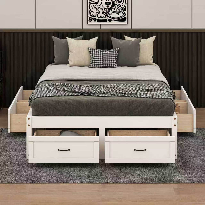 Platform Bed With Storage Drawers, Antique White, Full/Double