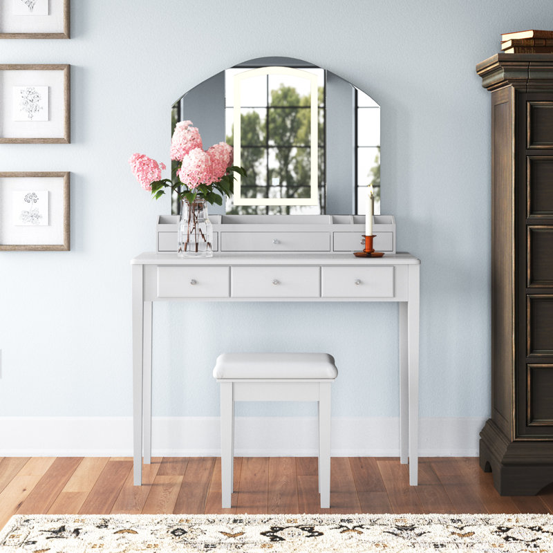 Ensemble coiffeuse Aoki avec tabouret et miroir, Blanc