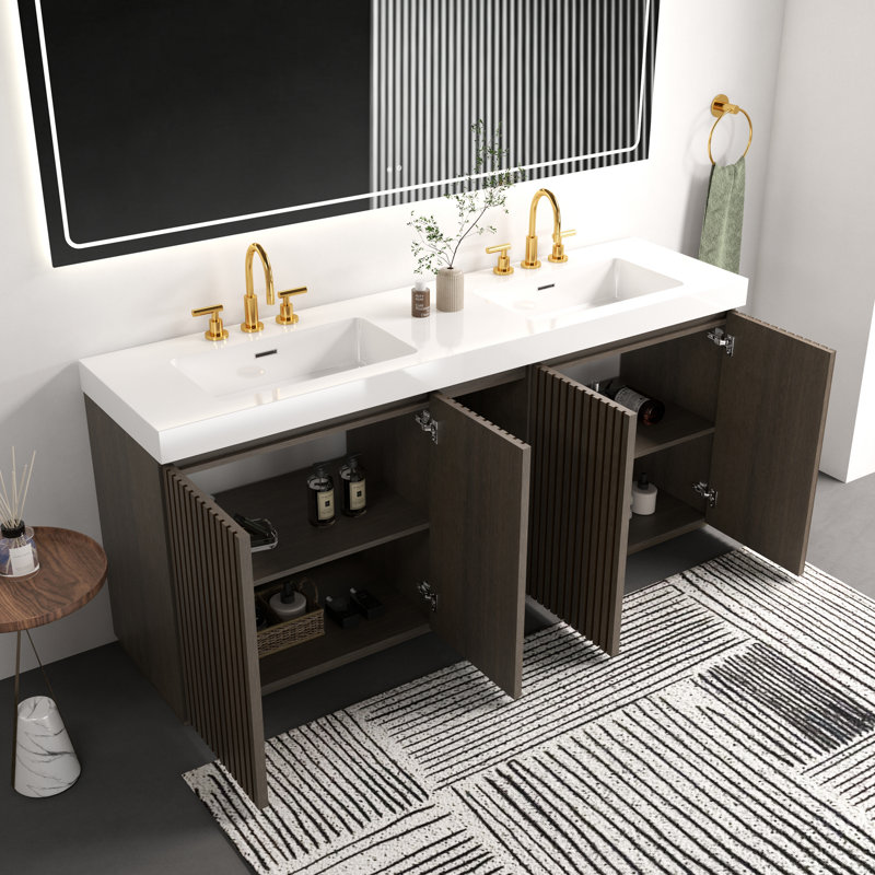 Meuble-lavabo autoportant en chêne fumé 72 po avec lavabo 72 po pour salle de bain moderne