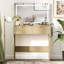 Bureau de coiffeuse à miroir DEL - table de maquillage cannelée de 31,5 po, éclairage réglable, 2 tiroirs, 3 modes d'éclairage, prise de courant, support pour sèche-cheveux, coiffeuse de chambre à coucher pour femmes et filles, couleur: bois naturel-14553884