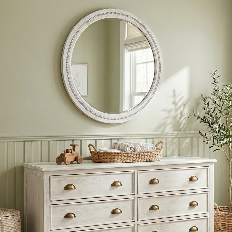 Miroir mural rond en bois massif, 30 po x 30 po, Blanc antique
