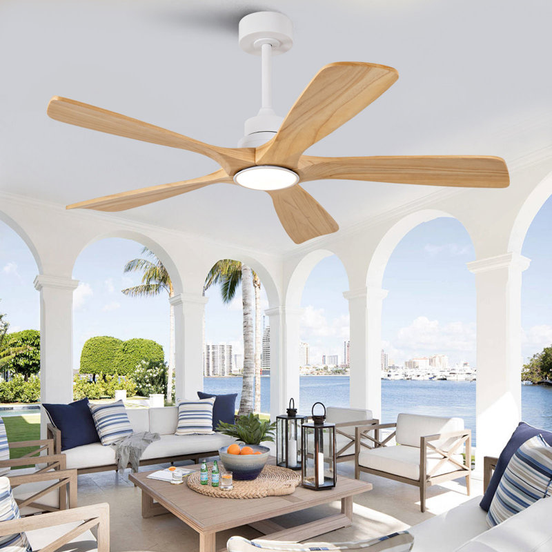 52 Inch Ceiling Fans with Lights and Remote Control, Wood Ceiling Fan for Patios Bedroom, Outdoor White Ceiling Fan with Lights, Noiseless DC Motor, Dimmable LED, 5 Solid Wood Blades
