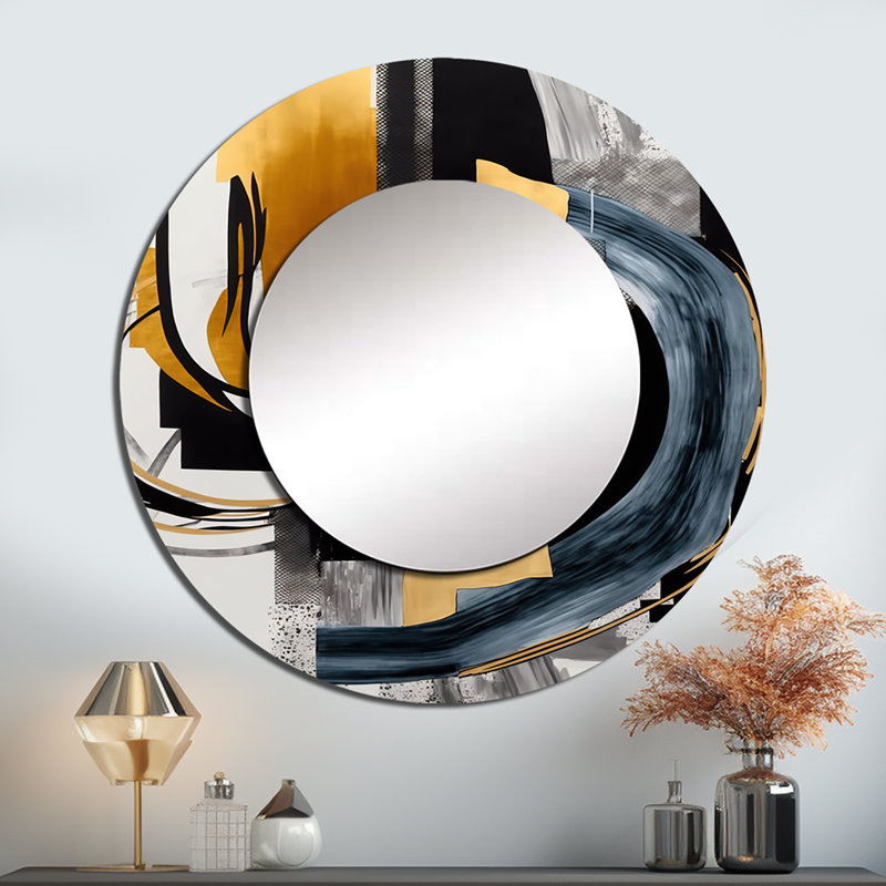 Shataka Glam doré et noir Expression II - miroir unique spirales abstraites, grand miroir mural rond moderne, art imprimé en métal