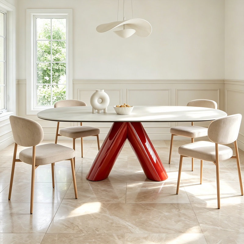 70.47" Modern Oval Marble Dining Table with Sculptural Red Stainless Steel Base for 6-8 People