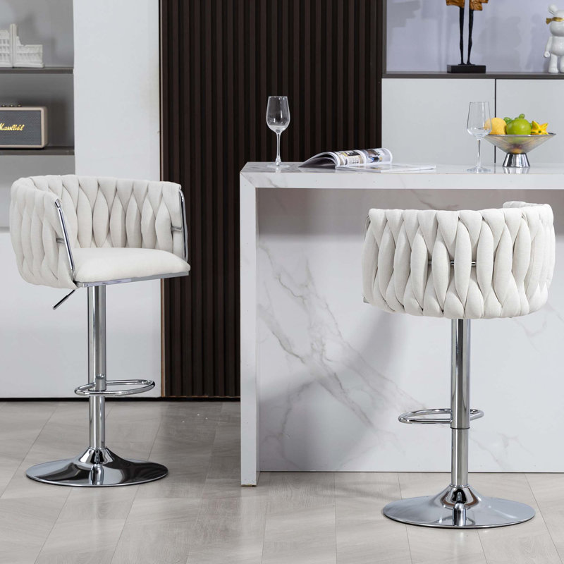 Tabouret de bar pivotant à hauteur ajustable avec dossier tissé et repose-pieds, Beige