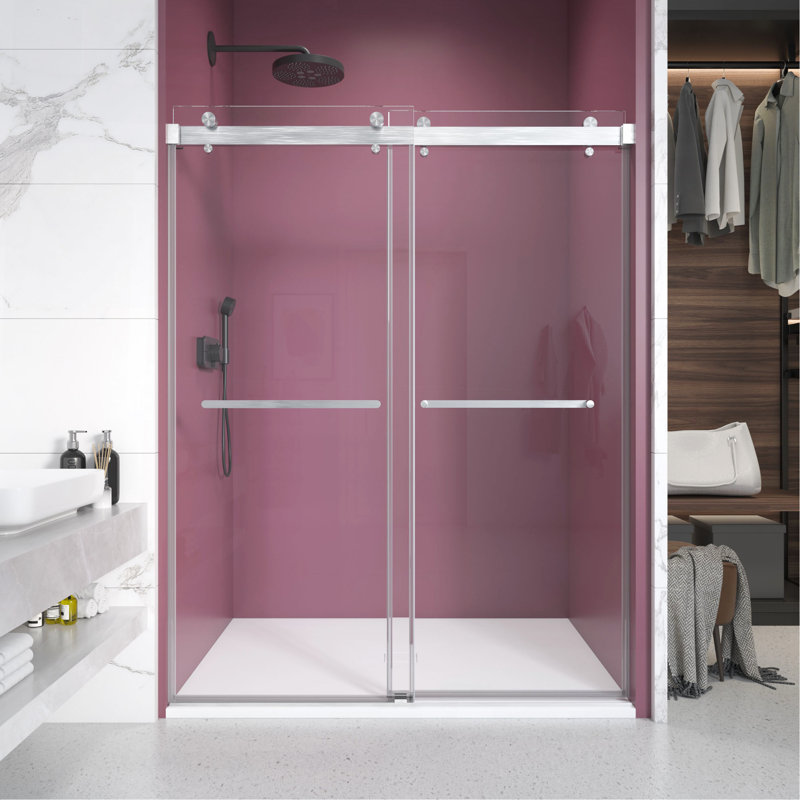 Porte de douche coulissante double sans cadre de 72 à 76 po x H 76 po avec verre transparent de 3/8 po (10 mm), Nickel brossé
