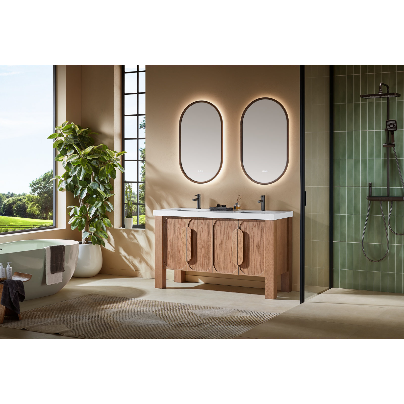 60" Oak Double Bathroom Vanity, White, Natural Teak