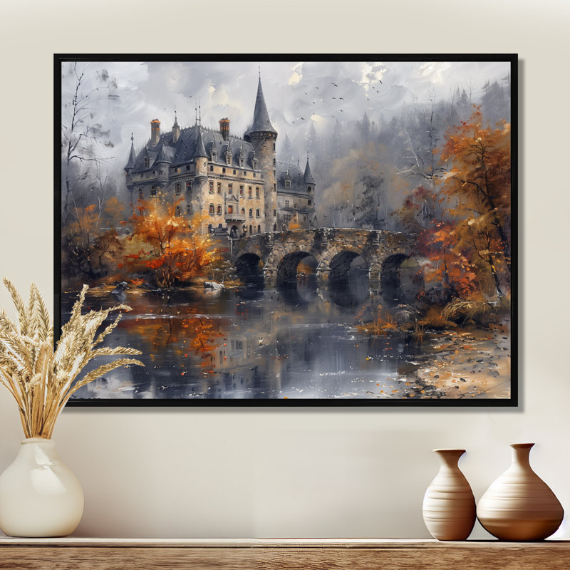  «Beige Orange Autumn Rustic Chateau In Europe II - Chateaus», reproduction d'art, Toile avec cadre flottant noir