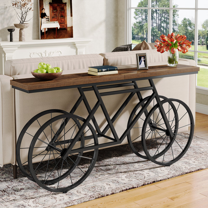 Jurel Manufactured Wood and Steel Console Table with Industrial Bicycle Base, Rustic Brown, Black