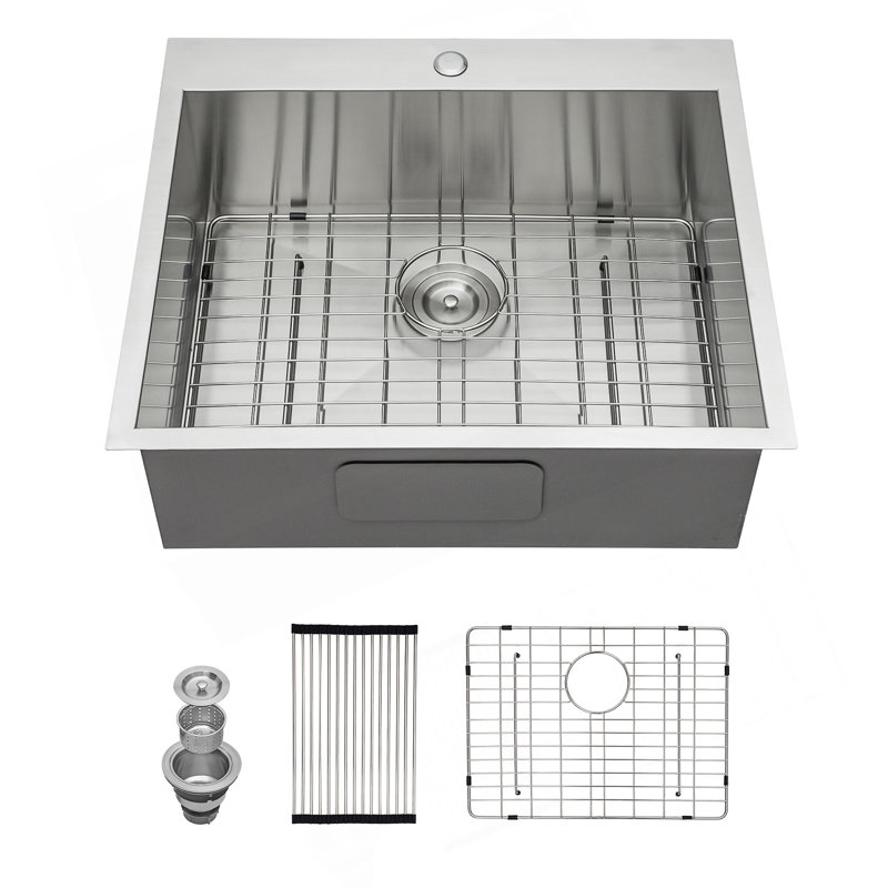 Évier utilitaire encastré en acier inoxydable de 25 po x 22 po x 12 po de profondeur pour la lessive et la cuisine avec drainage amélioré et réduction du bruit.