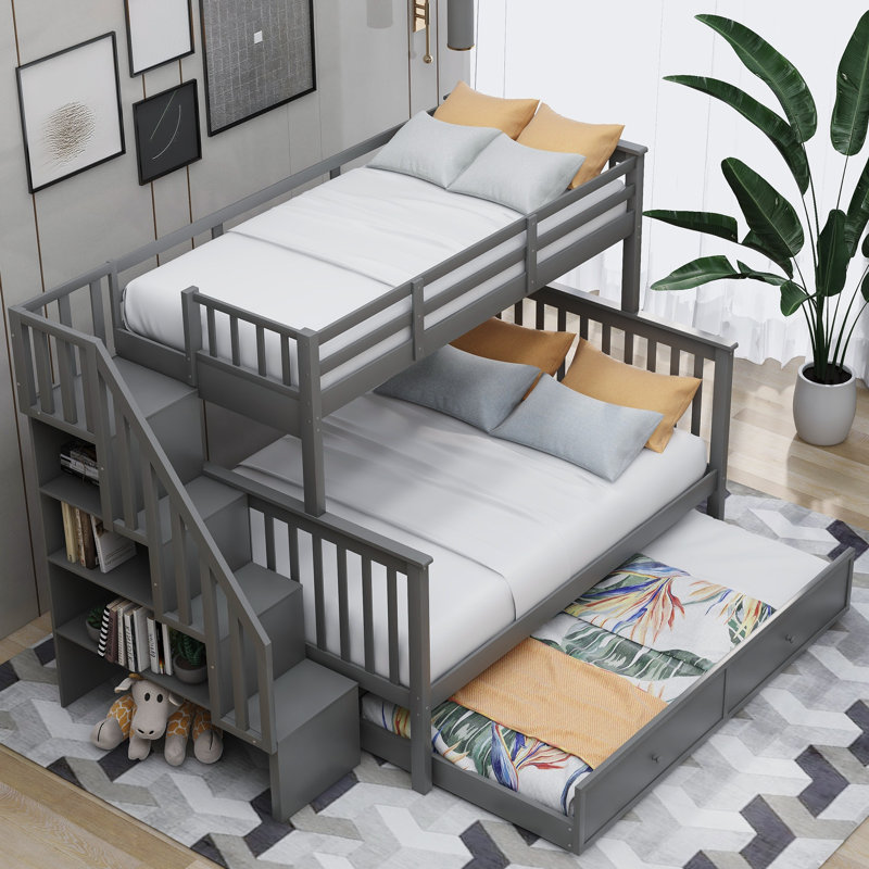 Twin Over Full Bunk Bed with Trundle, Storage Drawers & Guard Rail, Staircase Wood Frame for Bedroom or Dorm, Gray