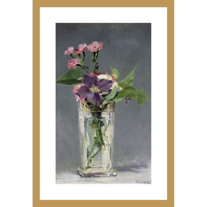 Roses et clématites dans un vase en cristal par Édouard Manet, impression giclée sur cadre, H 29,5 po x l 20,17 po