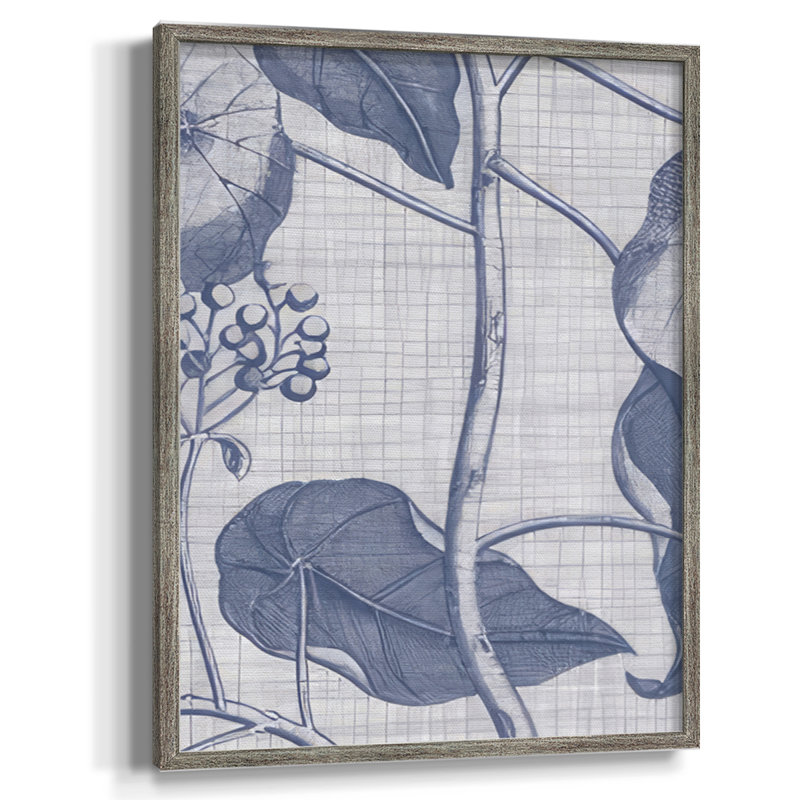Bleu marine et lin, reproduction botanique encadrée - bois massif, H 21 po x l 17 po