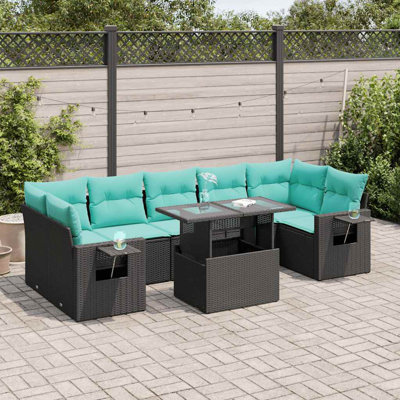 Ensemble de canapé de patio 8 pièces avec coussins en rotin noir et acacia
