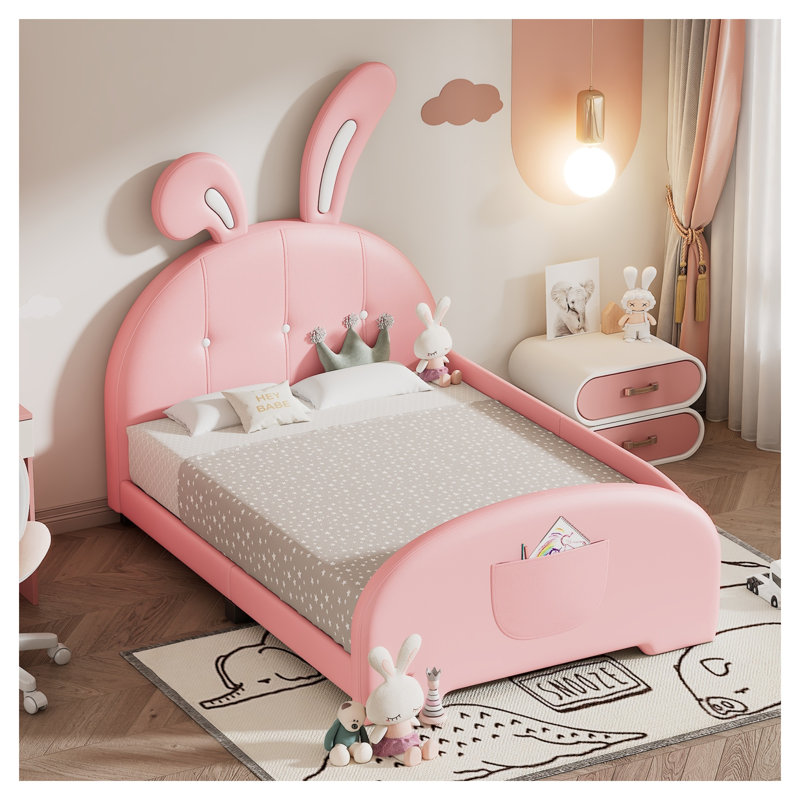 Lit plateforme tapissier rose avec tête de lit lapin mignon, cadre de lit princesse en cuir PU pour chambre de fille