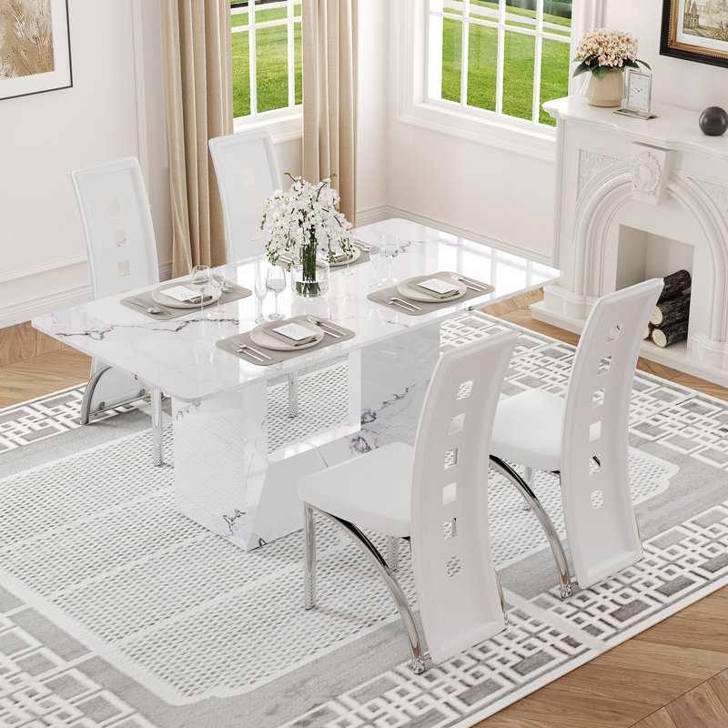 Ensemble de table de salle à manger rectangulaire en faux marbre de 63 po pour 4 à 6 personnes avec chaises en similicuir et base en forme de O