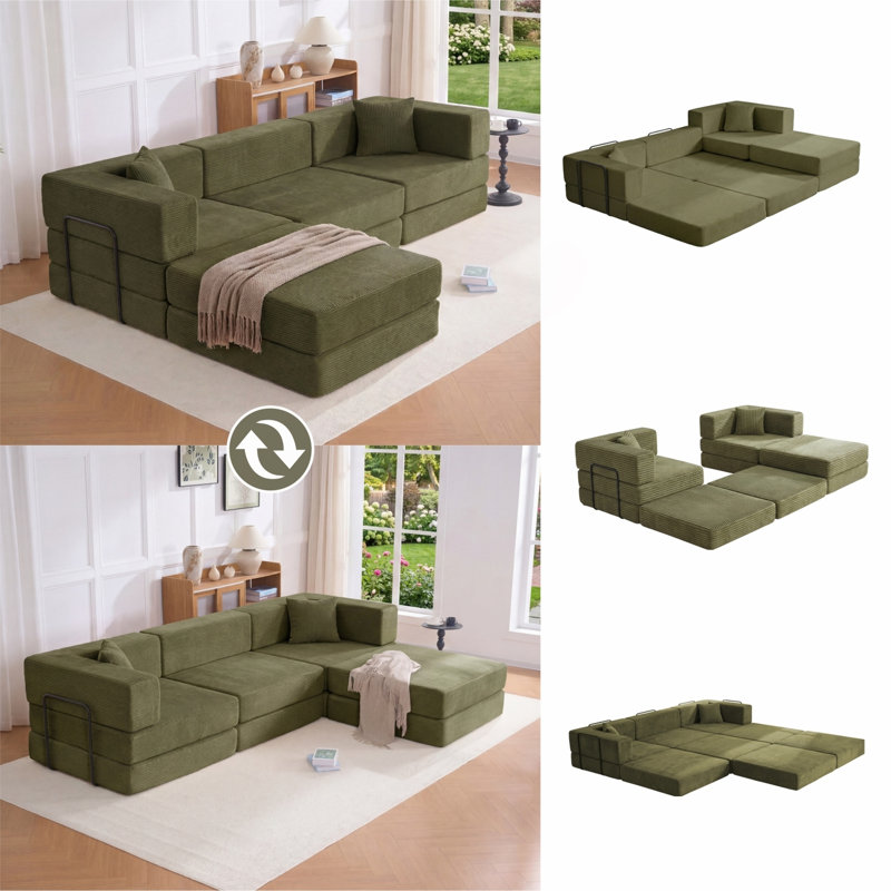 Canapé modulaire de 118 pouces avec structure de forme fixe et coussins, Green Fabric, Green