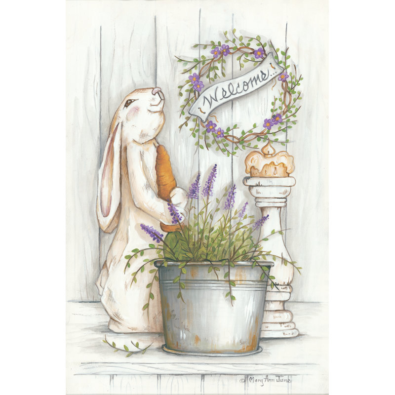Welcome Bunny par Mary Anne June - Peinture, H 36 po x l 24 po, Non, Toile tendue