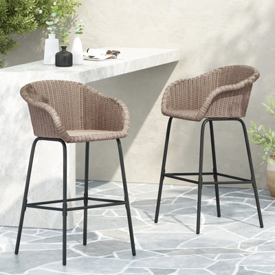 Faux brun extérieur de 2 avec motif tout en un, tissage de panier, siège d'une hauteur de 29,50 po, structure en fer noir, repose-pieds de 12,50 po, métal de soutien de 400 lb, style tissé sans couture, siège