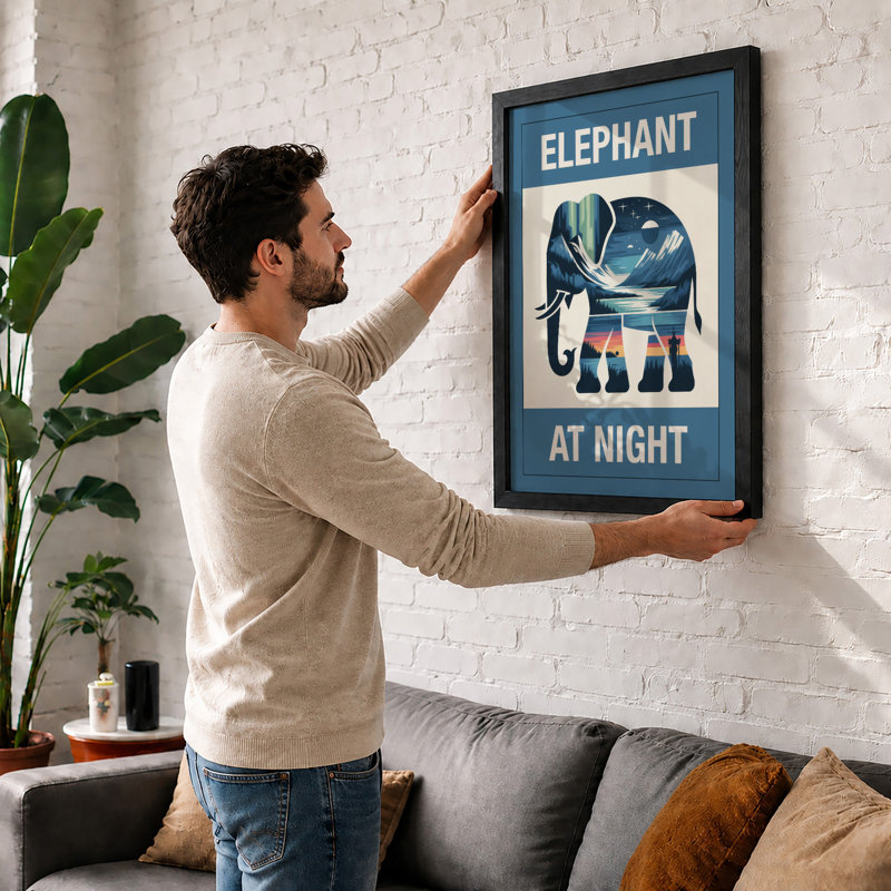 Elephant at Night Minimalist - Framed Print, A3 - 42.0 x 29.7 cm, Black