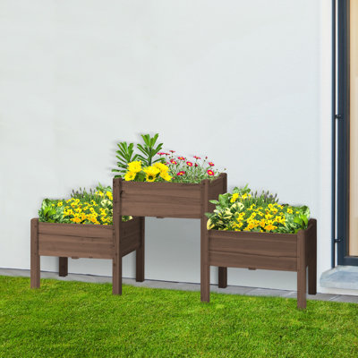 Raised Garden Bed With 3 Planter Box, Elevated Wooden Plant Stand With Drainage Holes, For Vegetables, Herb And Flowers, Coffee