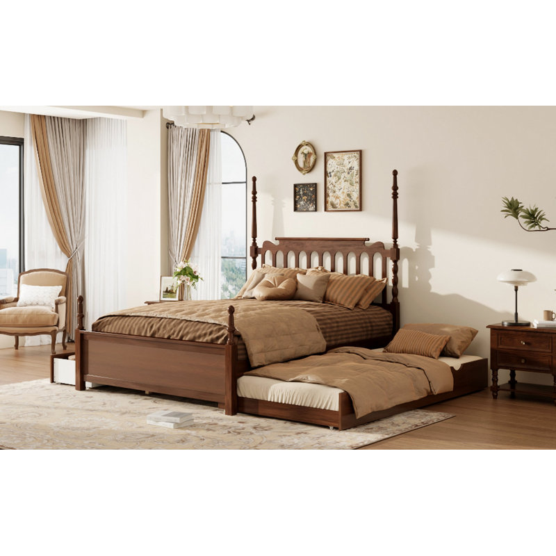 Grand lit plateforme avec lit gigogne simple TG et 2 tiroirs de rangement, lit en bois classique avec tête de lit à broche