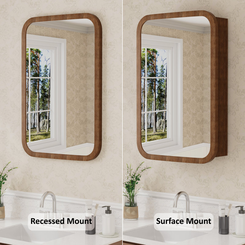 24" H X 16" W Modern Farmhouse Round Corner Wood Medicine Cabinet with High-Definition Mirror, Adjustable Glass Shelves, Reversible Soft-Close Door, Fully Assembled, Surface or Recessed Mount for Bathroom