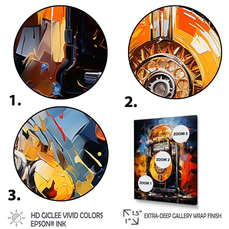 Jukebox Machine Neon Grooves 4 - Jukeboxes, art mural, H 40 po x l 30 po x P 1,5 po, Cadre flottant doré