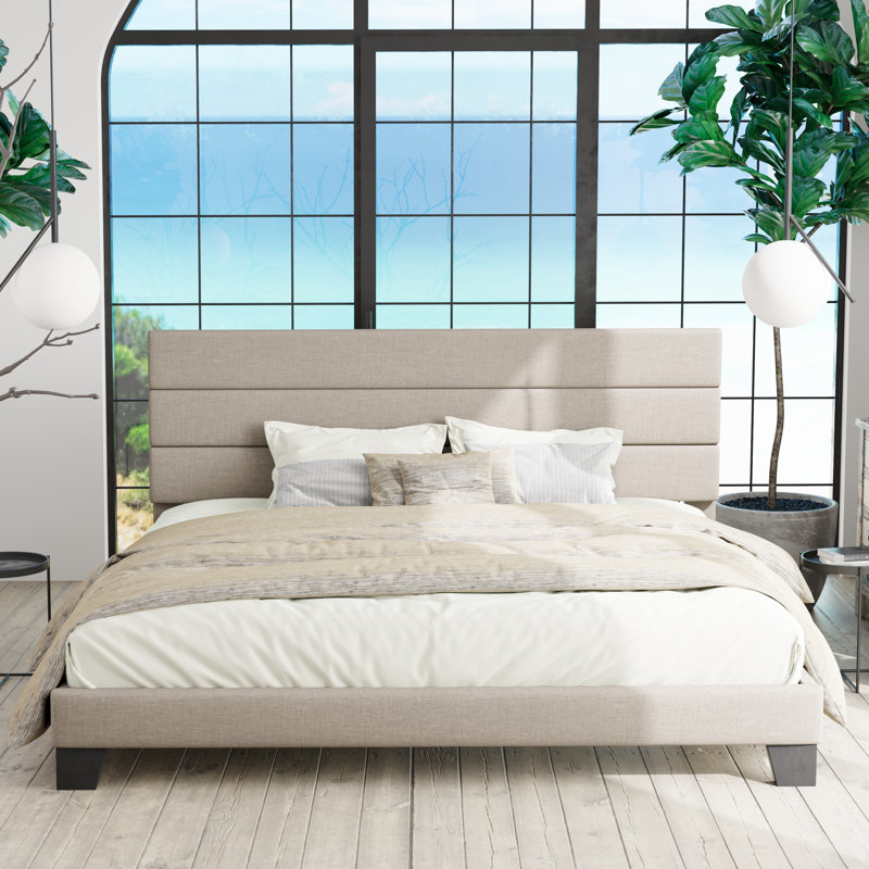 Lit plateforme Elison avec tête de lit tapissier en tissu et lattes en bois, Très grand, Grège