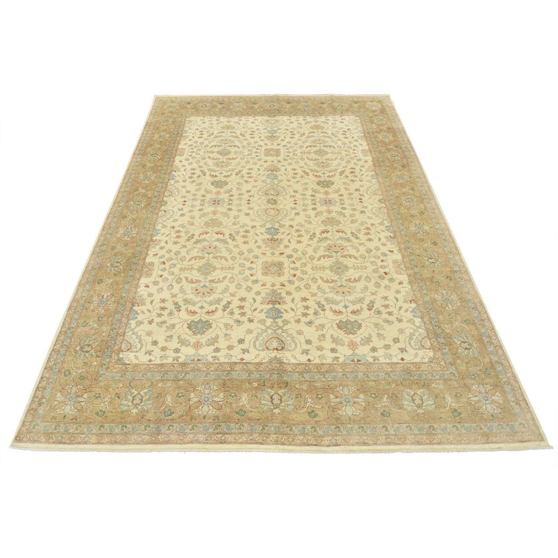Tapis beige en laine noué à la main de conception unique 9 pi 3 po x 12 pi 4 po