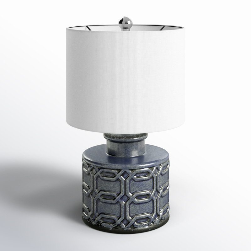 Blue Ceramic Table Lamp with White Drum Shade