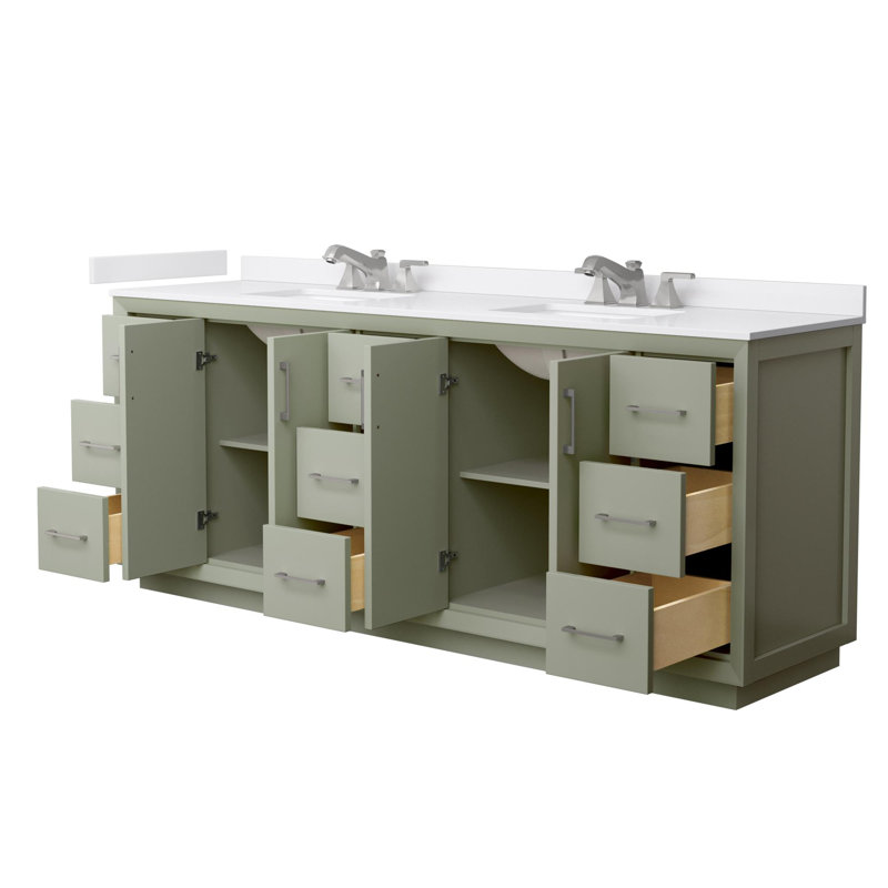 Strada 84" Freestanding Double Bathroom Vanity with Cultured Marble Top, Brushed Nickel, Green