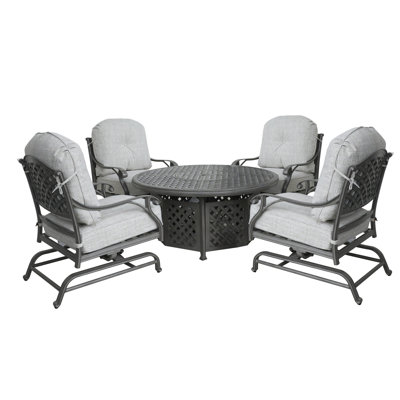 Outdoor 5-Piece Aluminum Chat High Fire Pit Set With Cushion, Golden Gauze