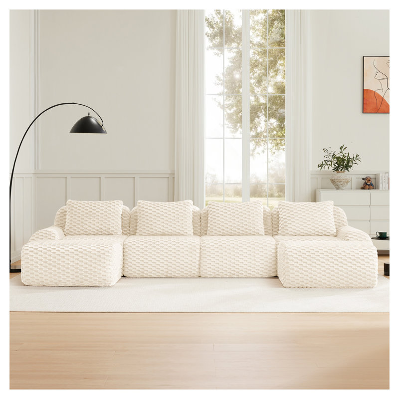 Canapé modulaire moderne en forme de U, canapé en flanelle 4 places avec repose-pieds mobile, Tissu crème