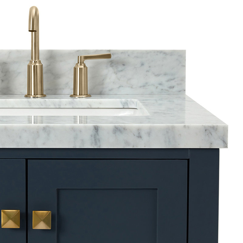 Cambridge 37'' W Single Vanity, Satin Brass, Midnight Blue, Carrara Marble
