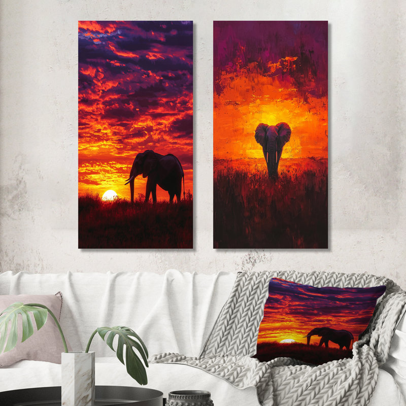Éléphant d'Afrique au coucher du soleil I - Animal, impression murale en métal 2 pièces, H 32 po x l 32 po
