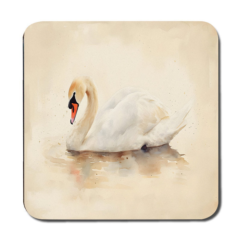 Swan Themed Placemat And Coaster Set With Beige Watercolor