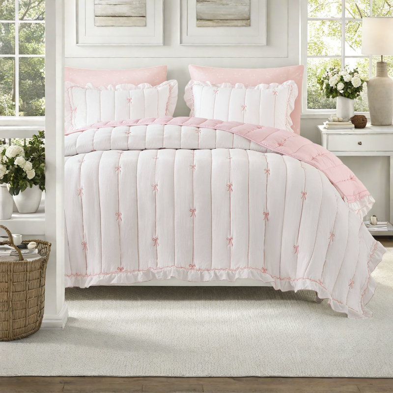 Ensemble de literie en microfibre Youthful, motif de broderie à nœud rose, décor de chambre romantique