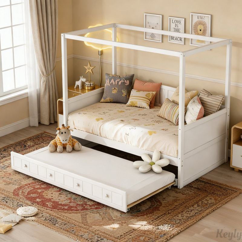 Lit de jour simple à baldaquin avec dossier intégré, parfait pour les chambres modernes et peu encombrantes, Blanc, Gigogne