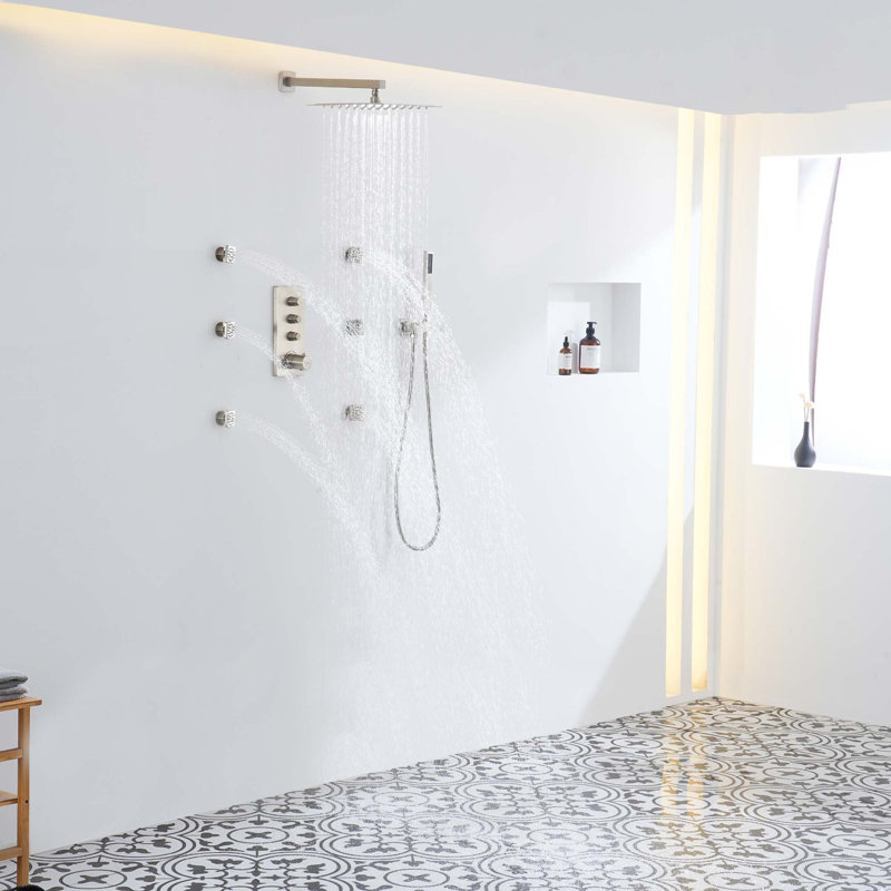 Système de douche thermostatique mural 3 fonctions 12 po, Nickel brossé