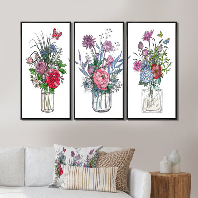 " Bouquets Of Wildflowers In Transparent Vases I " 3 - Pieces