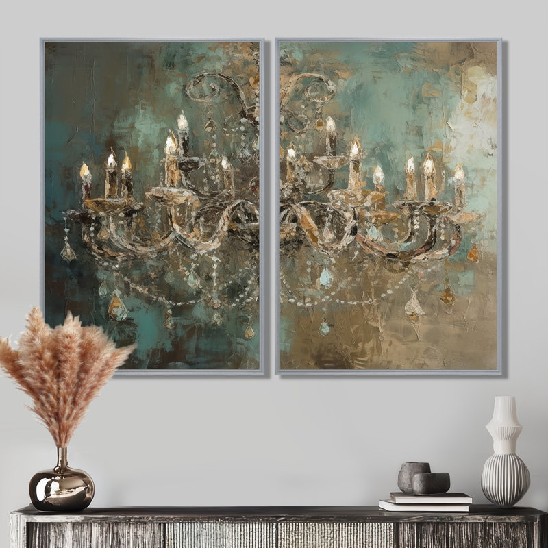Grand chandelier «Vitrine III», 36" H x 48" W, Impression encadrée flottante, Silver