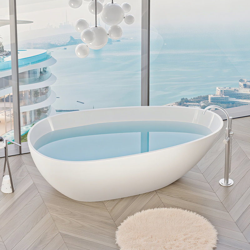 Luxury Glossy White 59" Freestanding Soaking Bathtub With Solid Surface, Ergonomic Back Support, Quick And - Drainage Made From Spa Like Bathing Sensation, Comfortable Shoulder Design, Leak Proof Pop