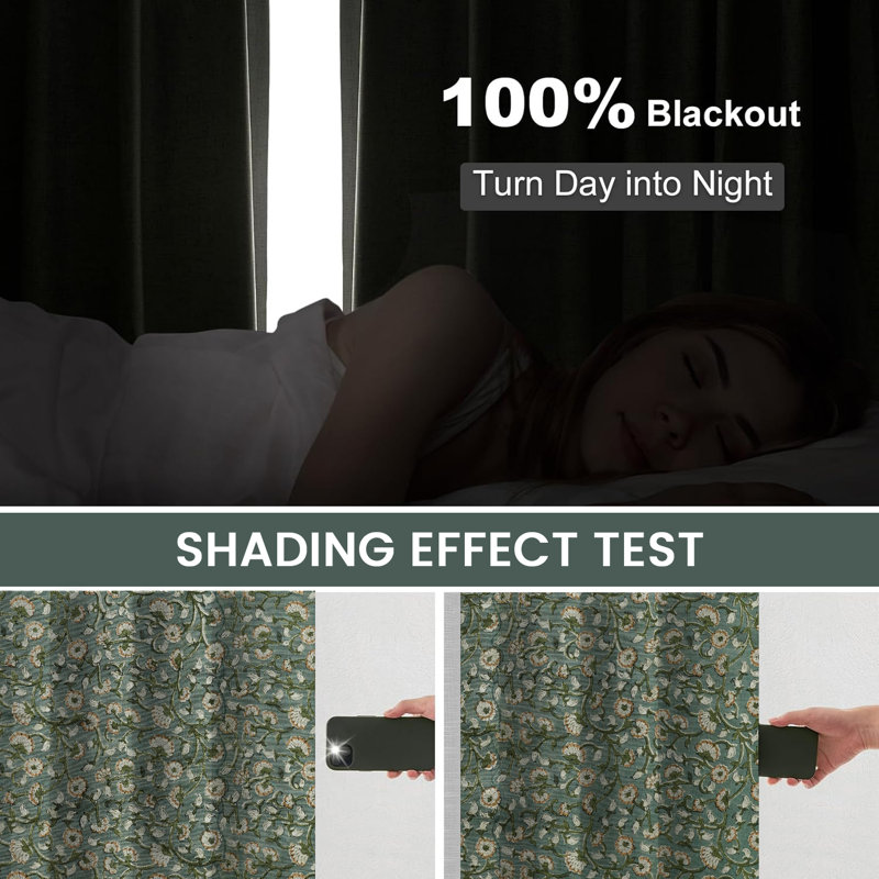 Fabdivine Light Green and Brown Handmade Floral Curtain Bohemian Soft Linen, 27x24 Inches, Block Print, Two-Side Panels with Pleated Pinch Design for Room Darkening, Blackout Patio, Himachal