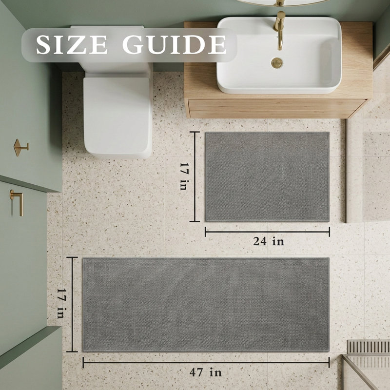 Ensemble de 2 tapis pour salle de bain à aspect lin texturé avec envers antidérapant, Gris
