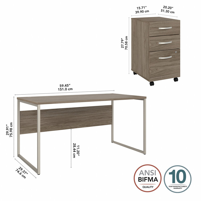 Bureau et piédestal mobile à 3 tiroirs, H 29,91 po x l 59,45 po x P 29,37 po, Marron clair