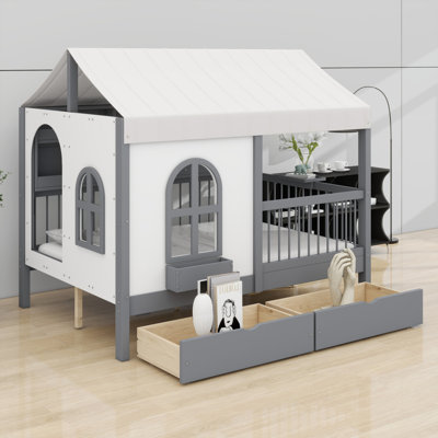 Lit House avec 2 grands tiroirs, bibliothèque latérale avec bande DEL