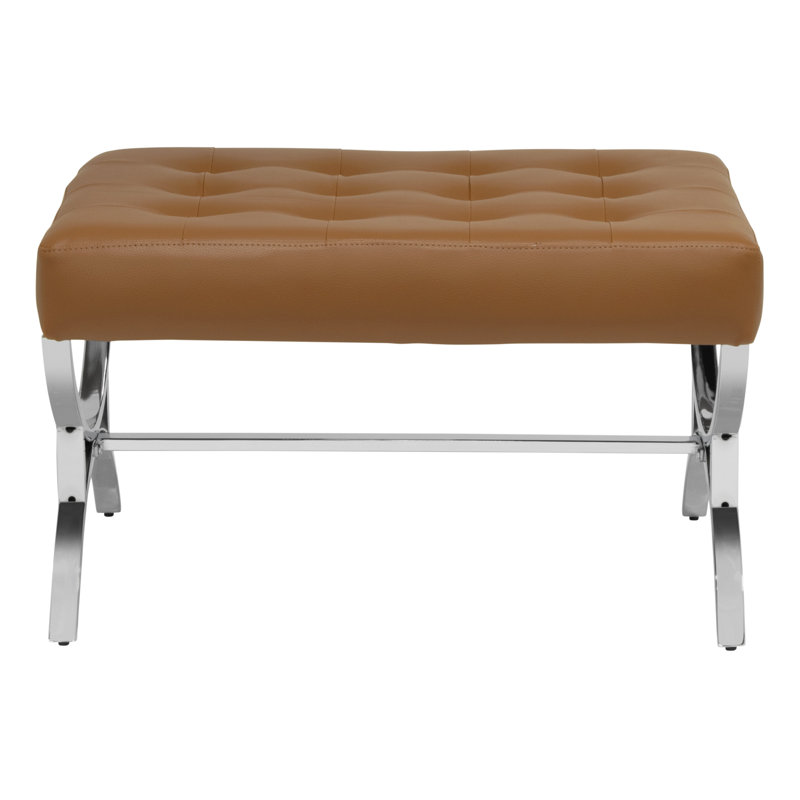 Alexuis Faux Leather Ottoman, Chrome/Caramel Brown Faux Leather